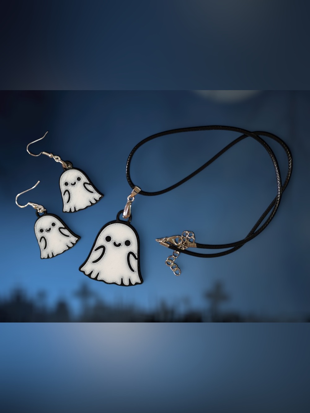 Cute White Ghost Pendant Necklace and Earrings Set